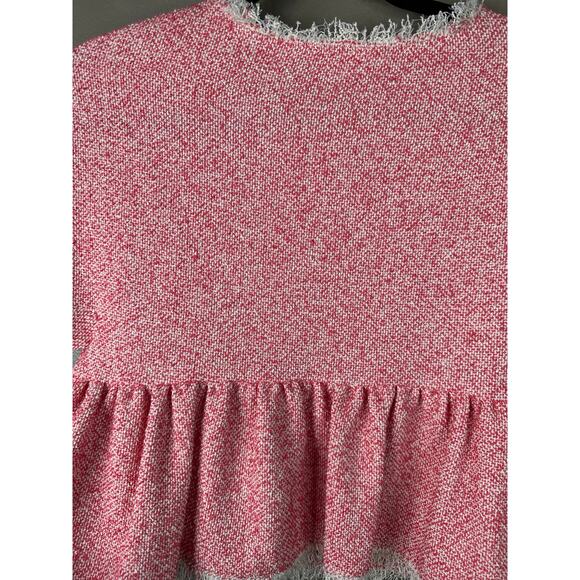 Rebecca Taylor Pink Coral Tweed Short Sleeve Fringe Raw Hem Crop Blouse Size 2 - Picture 5 of 7